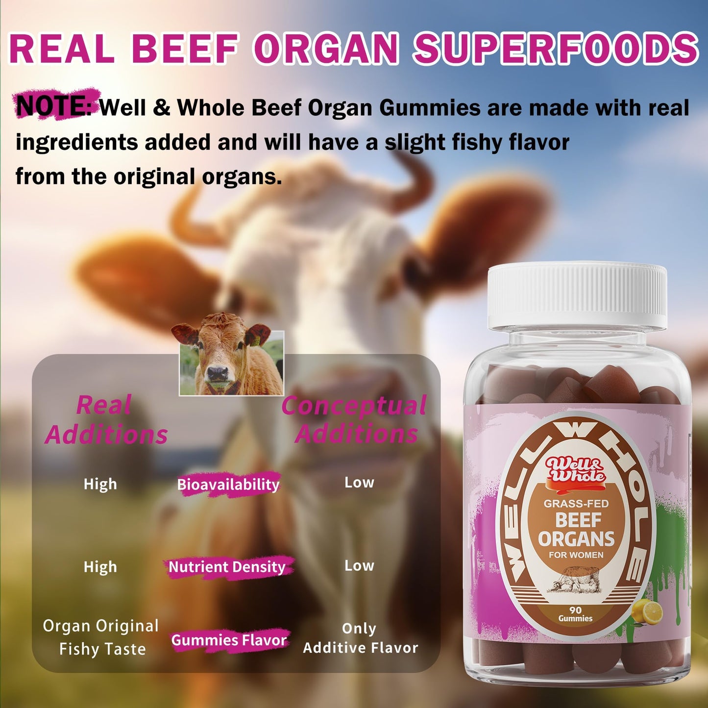 Well&Whole Grass-Fed Beef Organ Gummies for Women – Hormone Balance & Vitality (90 Gummies)