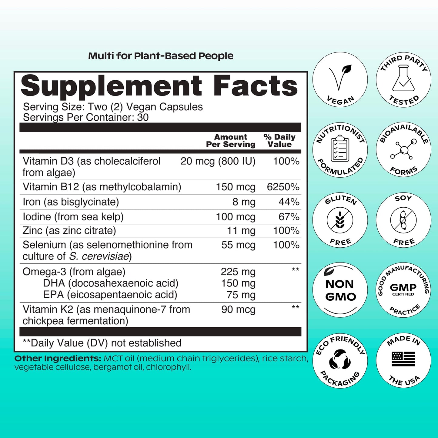 Wholier Plant Based Multivitamin – Vegan Omega-3 DHA/EPA, D3, B12, Zinc, K2, Iron, Iodine, Selenium | 60 Count Glass Bottle