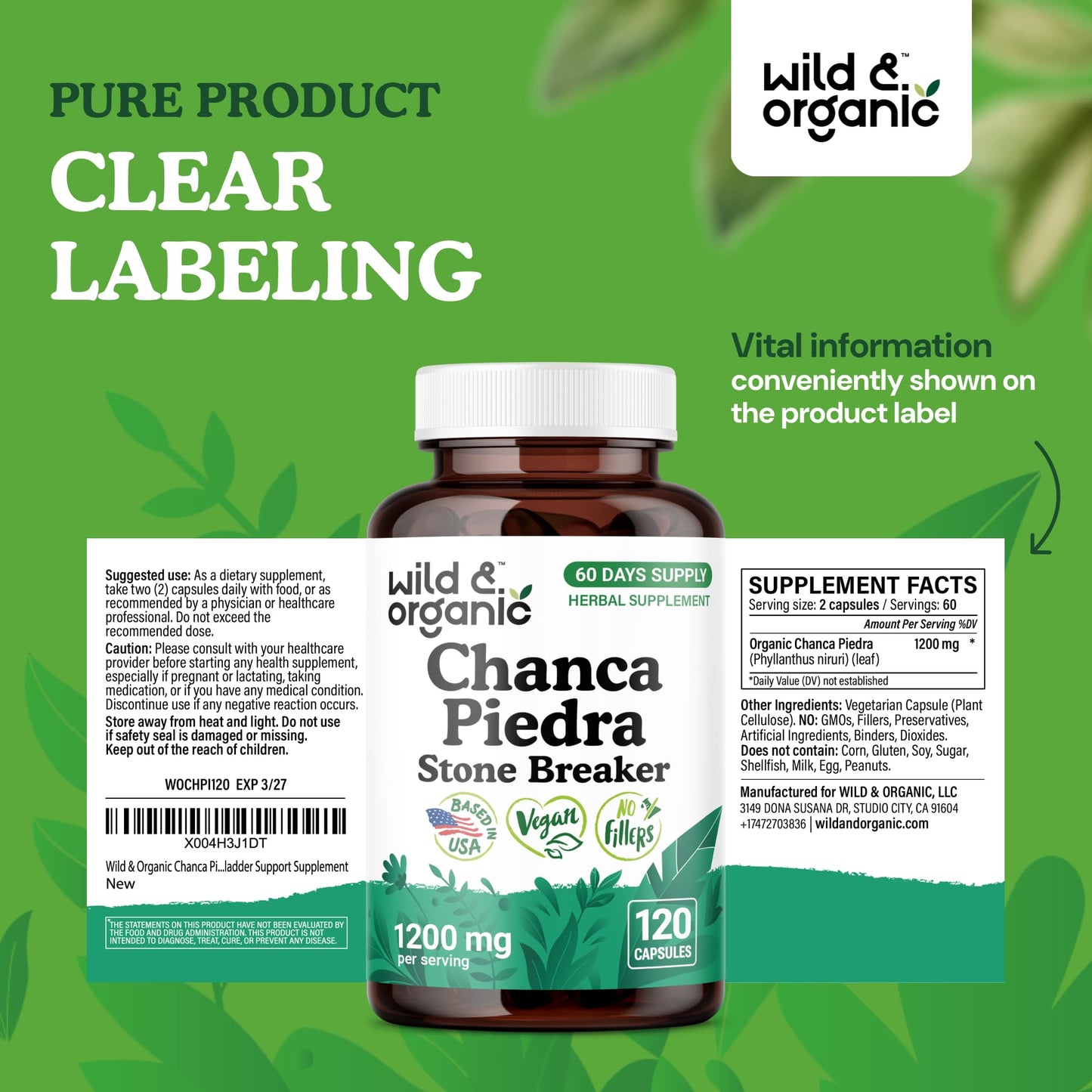 Wild & Organic Chanca Piedra 1200 mg Capsules – Kidney & Gallbladder Support
