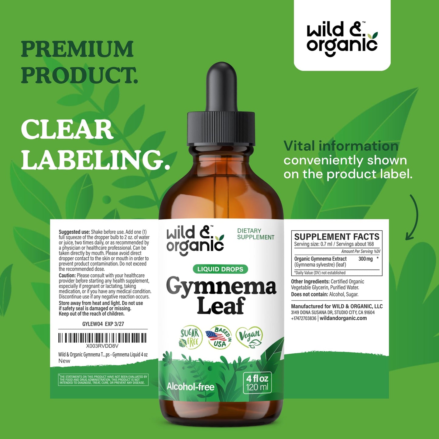 Wild & Organic Gymnema Sylvestre Extract Drops – Sugar-Free, Alcohol-Free, Vegan (2 x 4 oz)