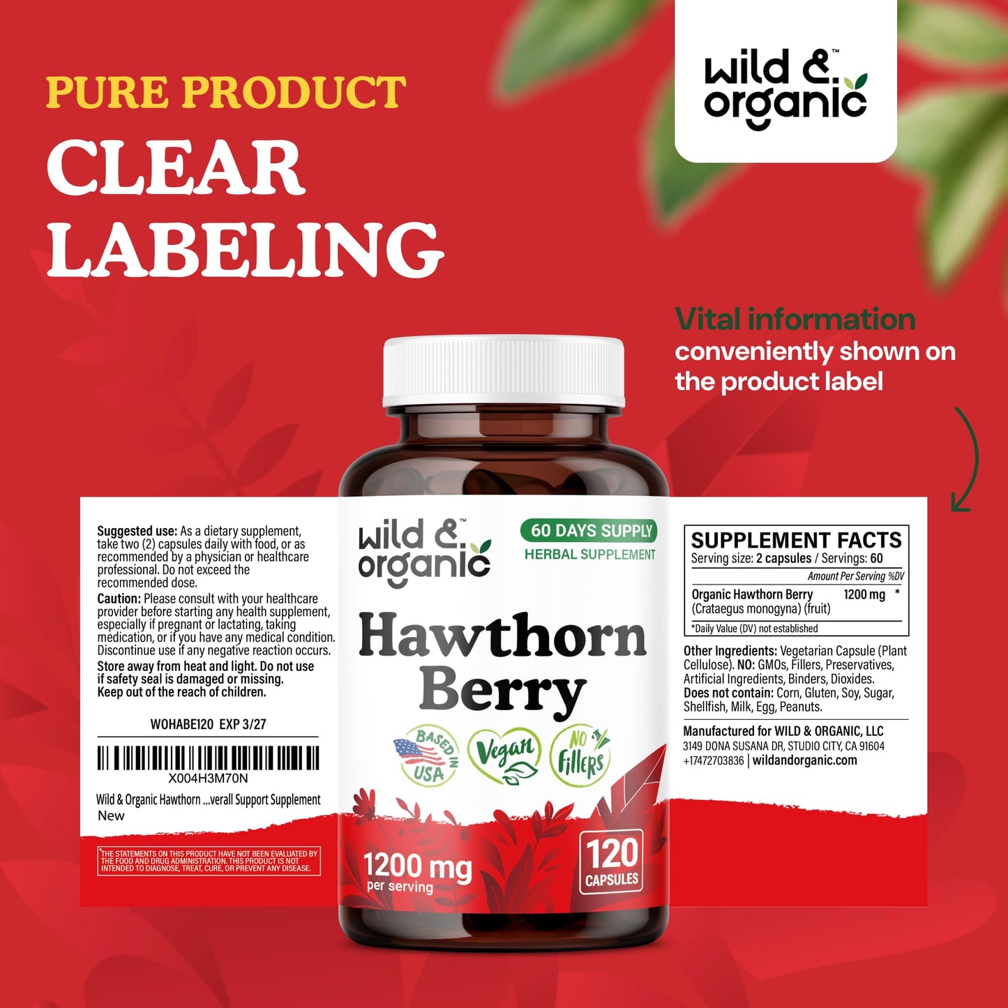 Wild & Organic Hawthorn Berry Capsules 1200 mg - 60-Day Vegan, Non-GMO | 120 Count