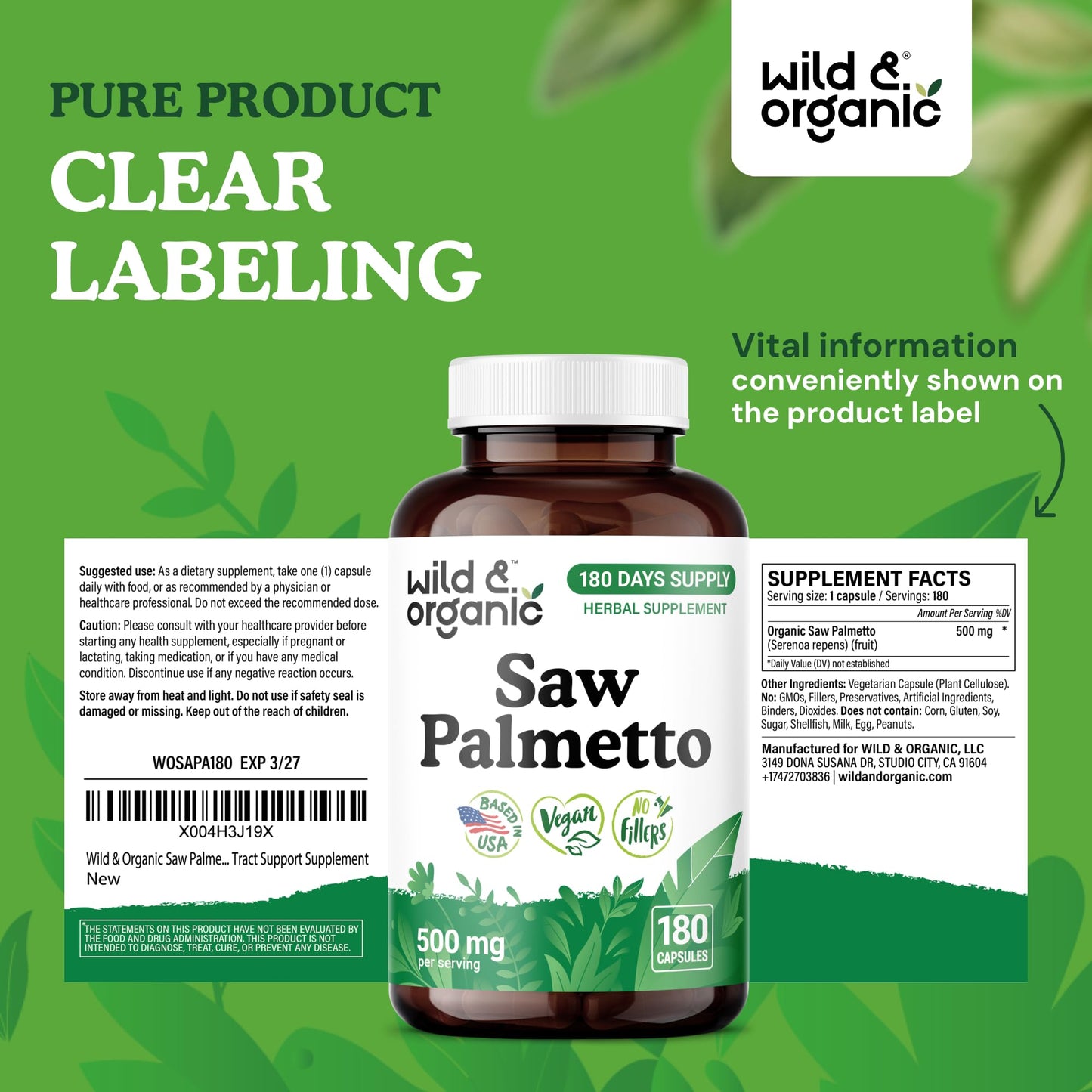 Wild & Organic Saw Palmetto Capsules 500 mg – Urinary Tract Support (180 Count) – Vegan, Non-GMO
