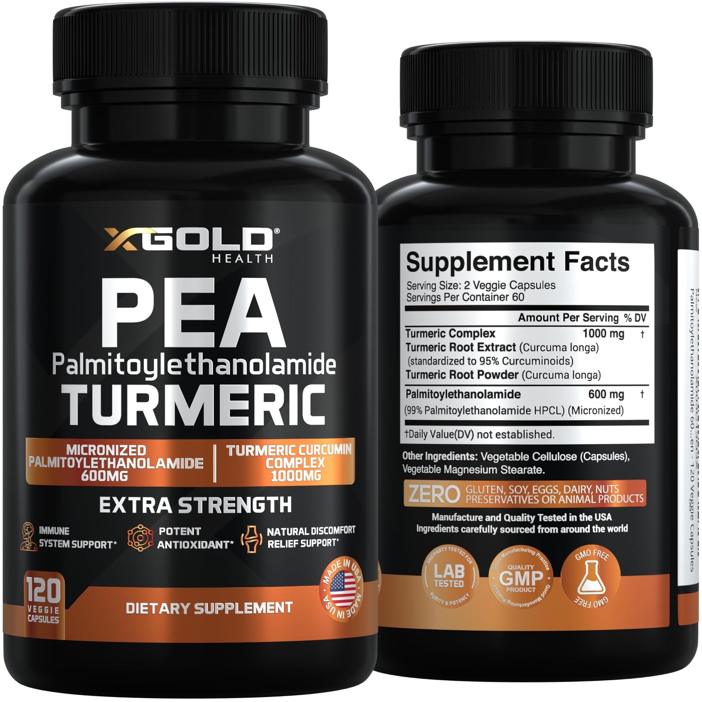 X Gold Health Pea PEA + Turmeric Curcumin Complex – 1600mg Micronized, 99% PEA & 95% Curcuminoids – Joint Support, Mobility & Comfort – Made in USA