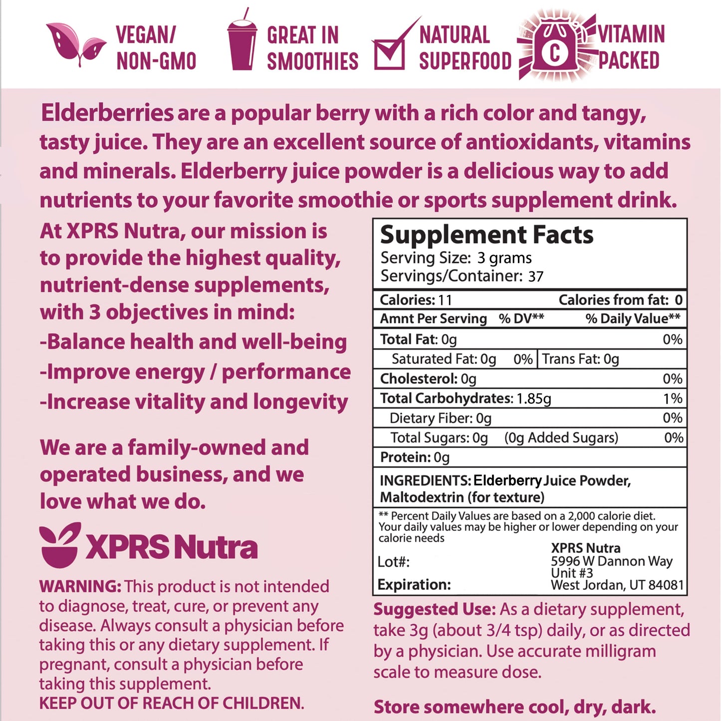 XPRS Nutra Elderberry Juice Powder - Organic Elderberry Powder, Vitamins A & C (4 oz)