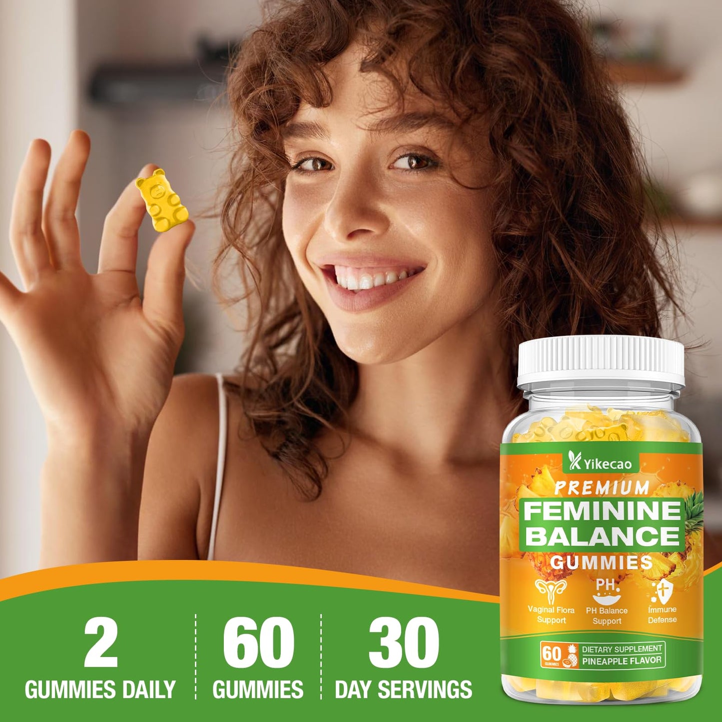 Yikecao Premium Feminine Balance Gummies for Women – Pineapple, 60 Count, Vegan & Gluten-Free