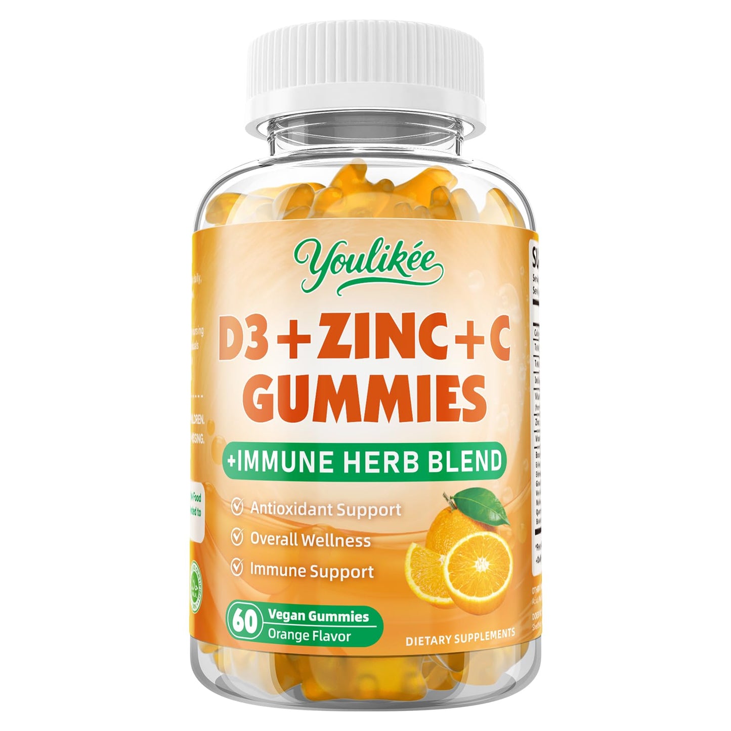 Vitamin C + D3 + Zinc Gummies for Adults - Immune Support with Elderberry & Echinacea | Orange Flavor, 60 Count