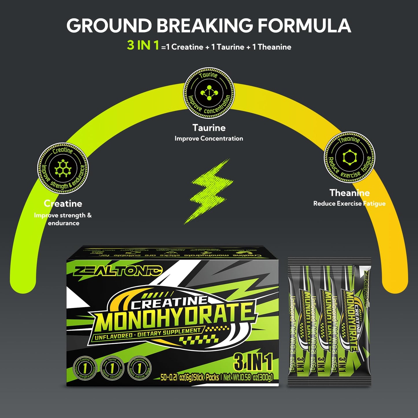 Zealtonic 5000mg Creatine Monohydrate Pack – 100 Servings with Taurine & L-Theanine