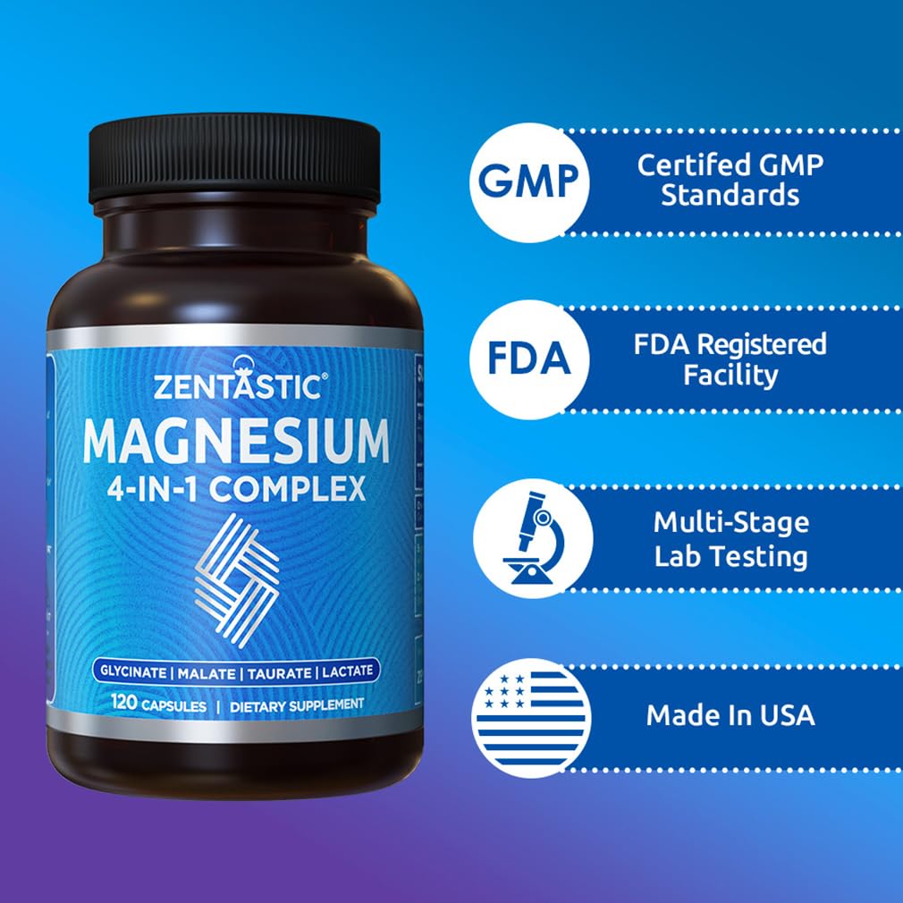 Zentastic Magnesium Complex – 600 Magnesium Capsules – Chelated Magnesium Glycinate, Malate, Taurate & Lactate | Support Bones & Muscles