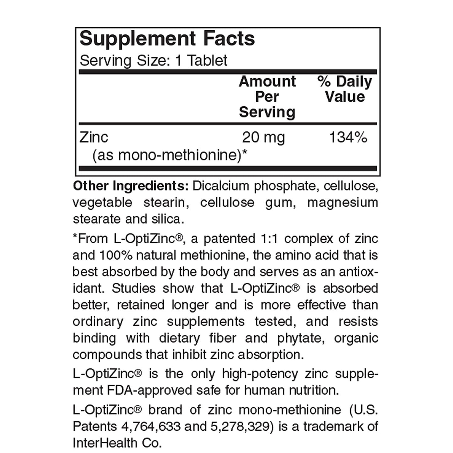 Holly Hill Health Foods, Zinc 20 MG, 250 Tablets | L-OptiZinc