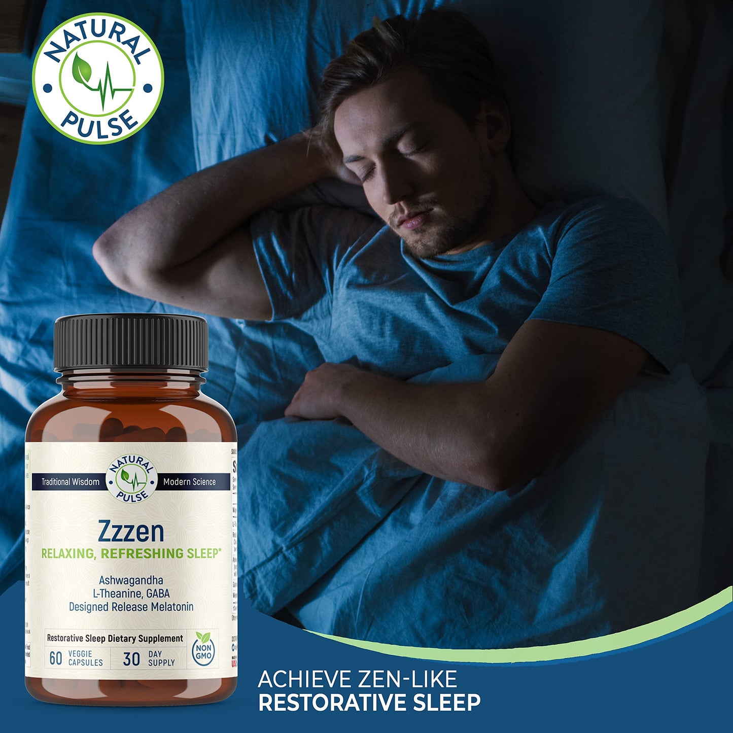Natural Pulse Zzzen Sleep Aid for Adults – L-Theanine, Ashwagandha, GABA, Melatonin | 60 Caps | Non-GMO