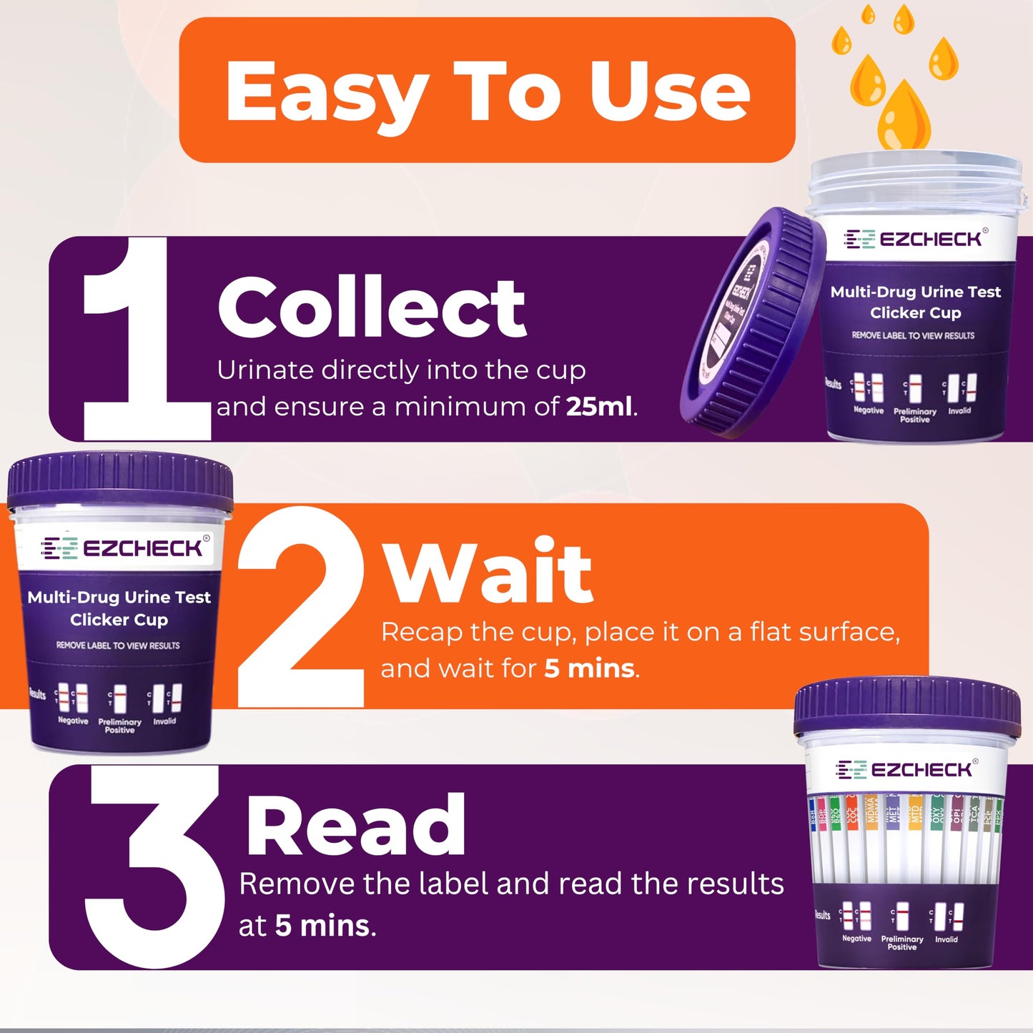 10 Test Cups - 14-Panel EZCHECK Urine Test Cup | At-Home 5-Minute Results | FSA/HSA Eligible