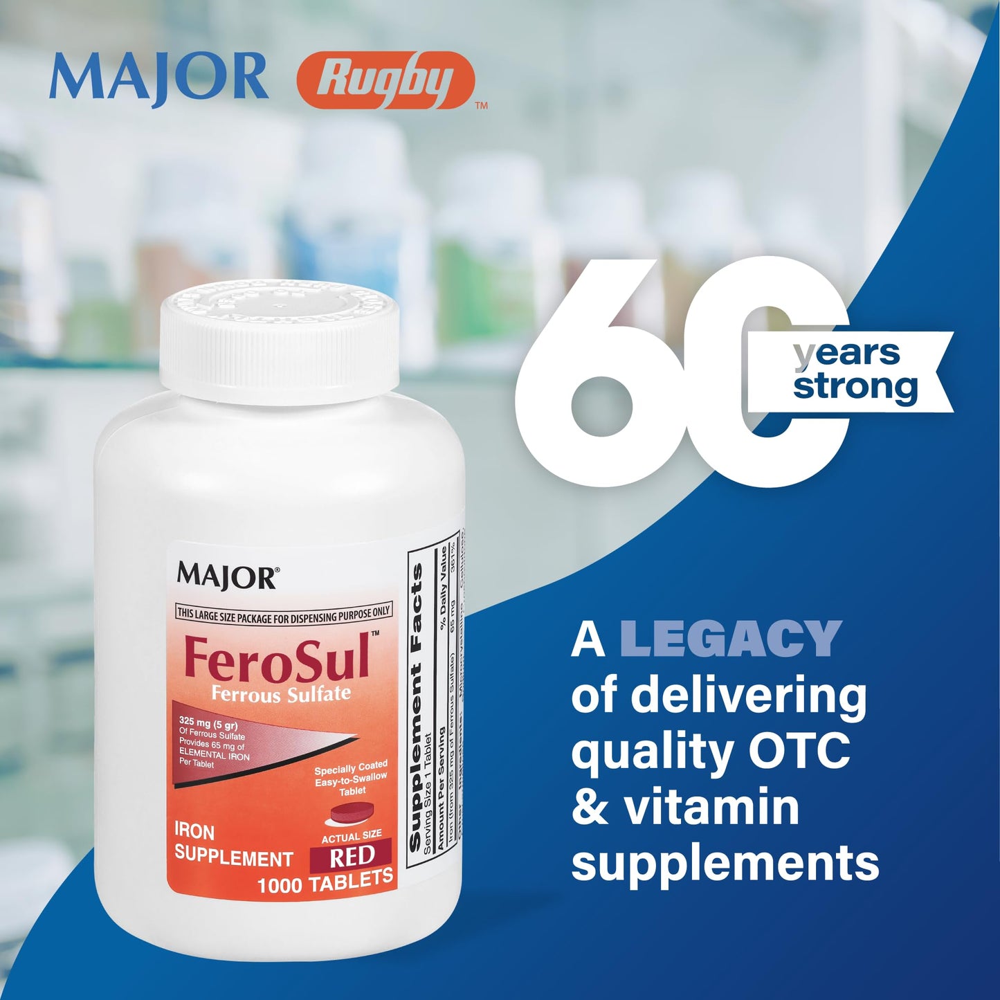 Major FeroSul Ferrous Sulate 325 mg – Iron Supplement for Women & Men, Easy-to-Swallow Red Tablets, 1000 Count