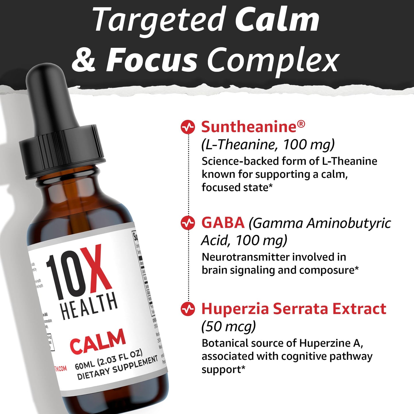 10X Health Calm L Theanine Drops – 100mg L Theanine & 100mg GABA, 2.03 fl oz