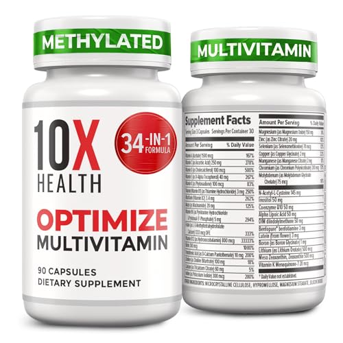 10X Health System Optimize Multivitamin for Men – 90 Capsules | 34-in-1 Methylated Formula, 5-MTHF, NAC, 800 mcg B12