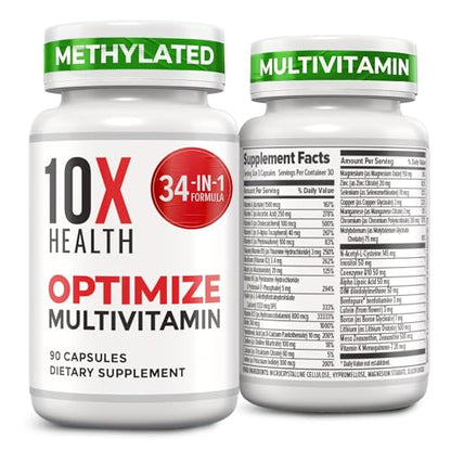 10X Health System Optimize Multivitamin for Men – 90 Capsules | 34-in-1 Methylated Formula, 5-MTHF, NAC, 800 mcg B12