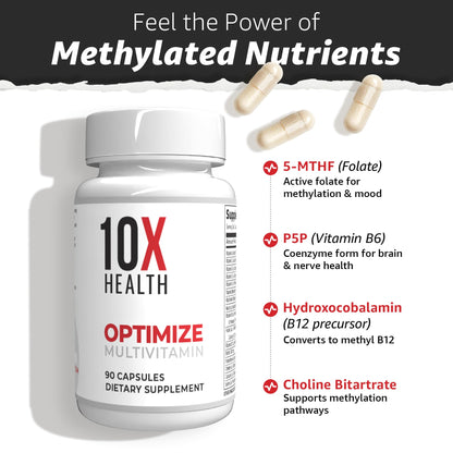 10X Health System Optimize Multivitamin for Men – 90 Capsules | 34-in-1 Methylated Formula, 5-MTHF, NAC, 800 mcg B12