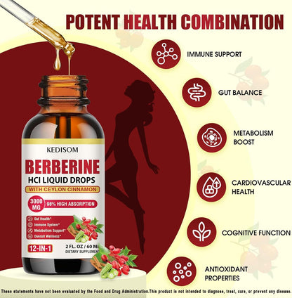 12-in-1 Berberine Liquid Drops – 2 Fl Oz, 3000mg Liposomal Berberine HCL with Cinnamon & Turmeric