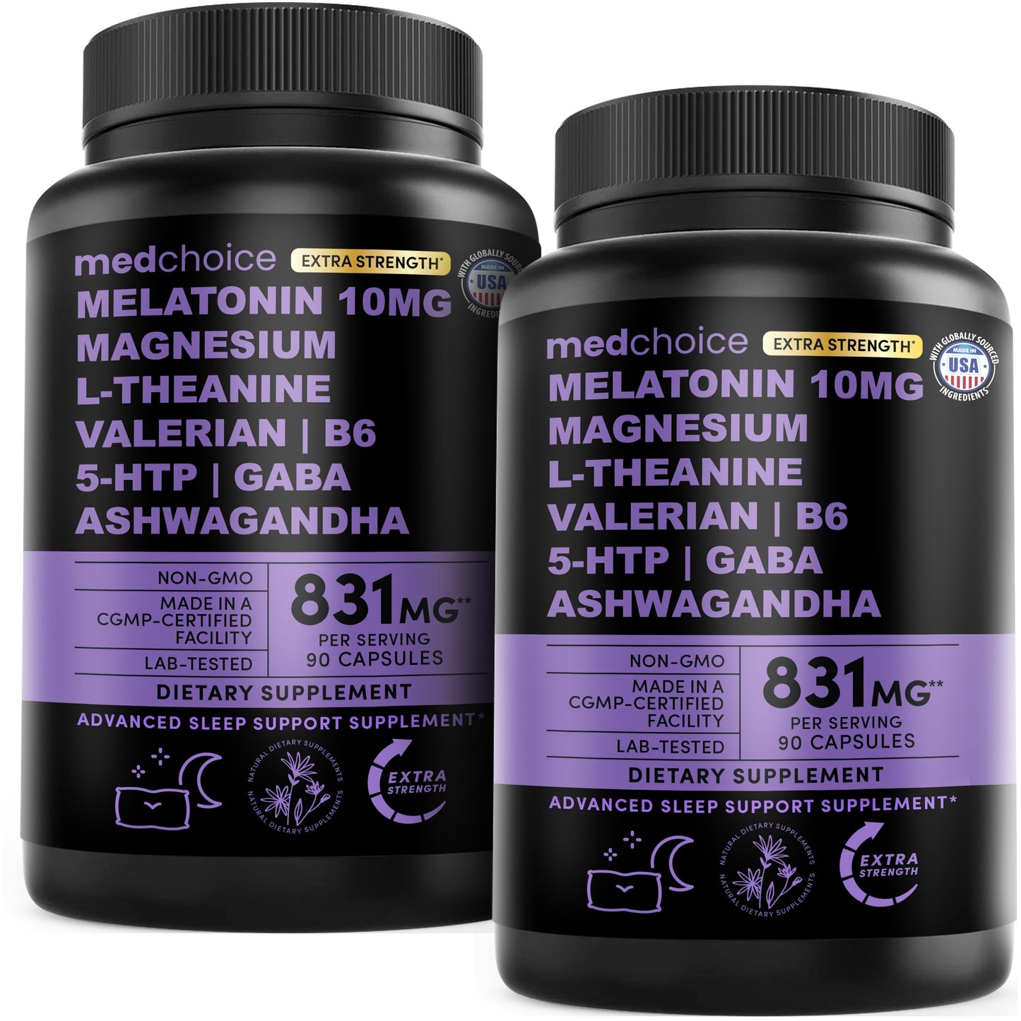 MEDCHOICE 12-in-1 Melatonin Sleep Capsules - 10mg Extra Strength with Magnesium, Ashwagandha, GABA (180 capsules, Pack of 2)