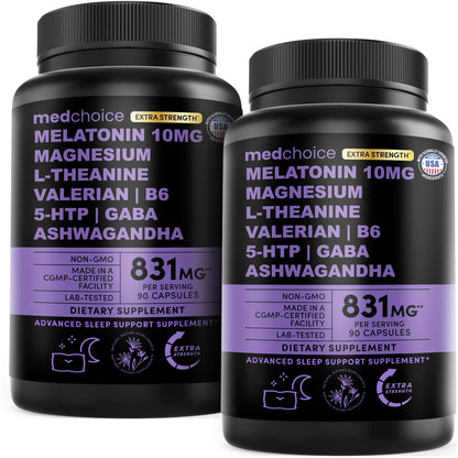 MEDCHOICE 12-in-1 Melatonin Sleep Capsules - 10mg Extra Strength with Magnesium, Ashwagandha, GABA (180 capsules, Pack of 2)