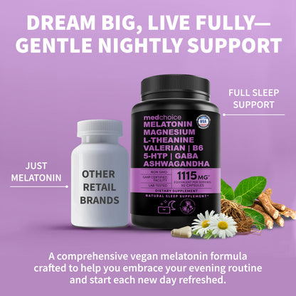MEDCHOICE 12-in-1 Melatonin Sleep Capsules – Melatonin 5 mg + Magnesium Glycinate 500 mg (90 ct, Pack of 2)