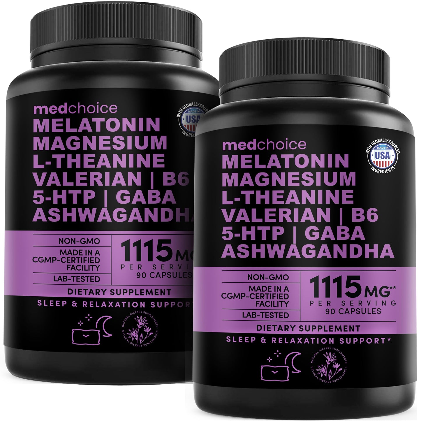 MEDCHOICE 12-in-1 Melatonin Sleep Capsules – Melatonin 5 mg + Magnesium Glycinate 500 mg (90 ct, Pack of 2)