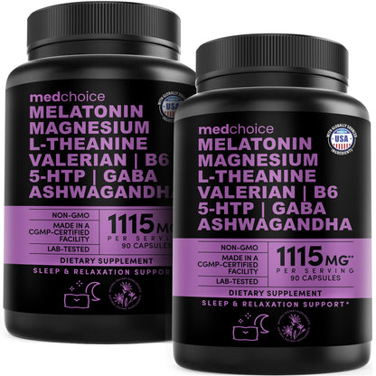 MEDCHOICE 12-in-1 Melatonin Sleep Capsules – Melatonin 5 mg + Magnesium Glycinate 500 mg (90 ct, Pack of 2)