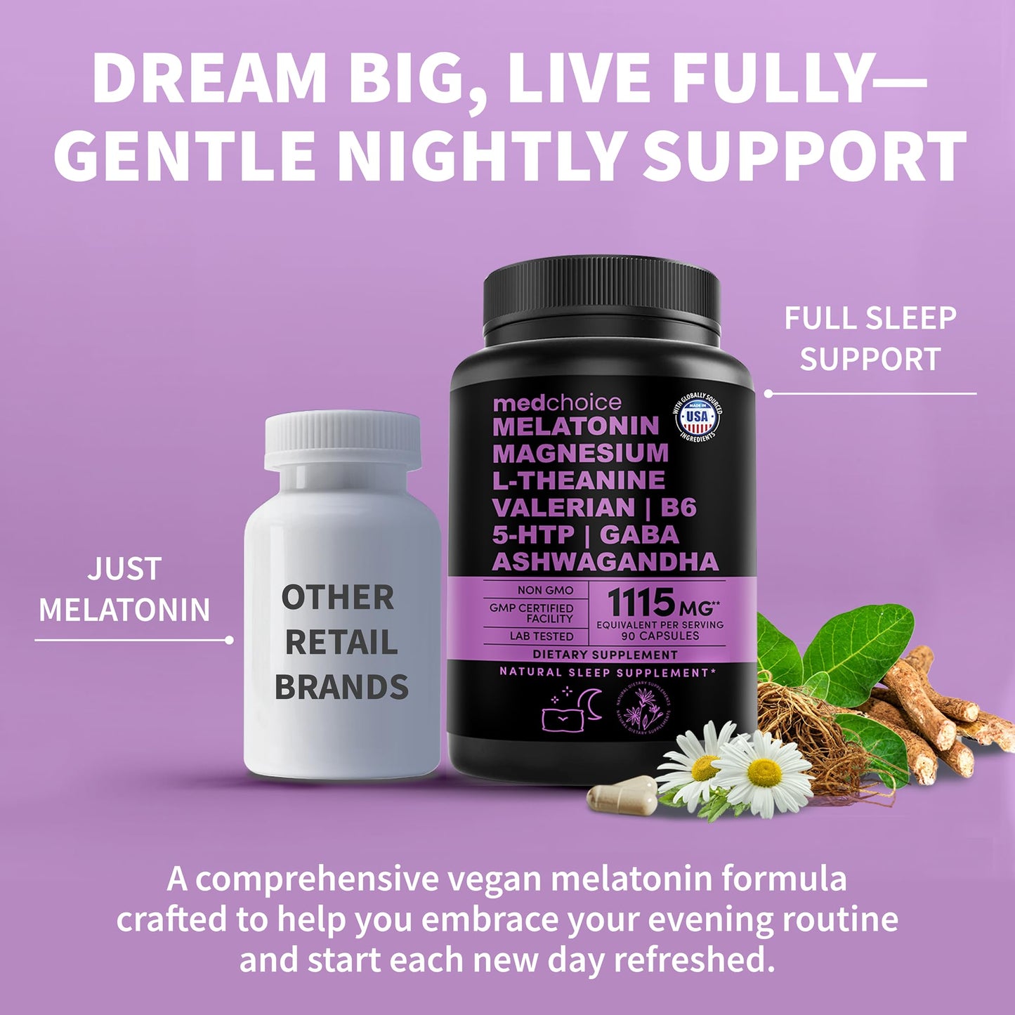 MEDCHOICE 12-in-1 Melatonin Sleep Capsules – 5 mg Melatonin & 500 mg Magnesium Glycinate (90ct, Pack of 3)