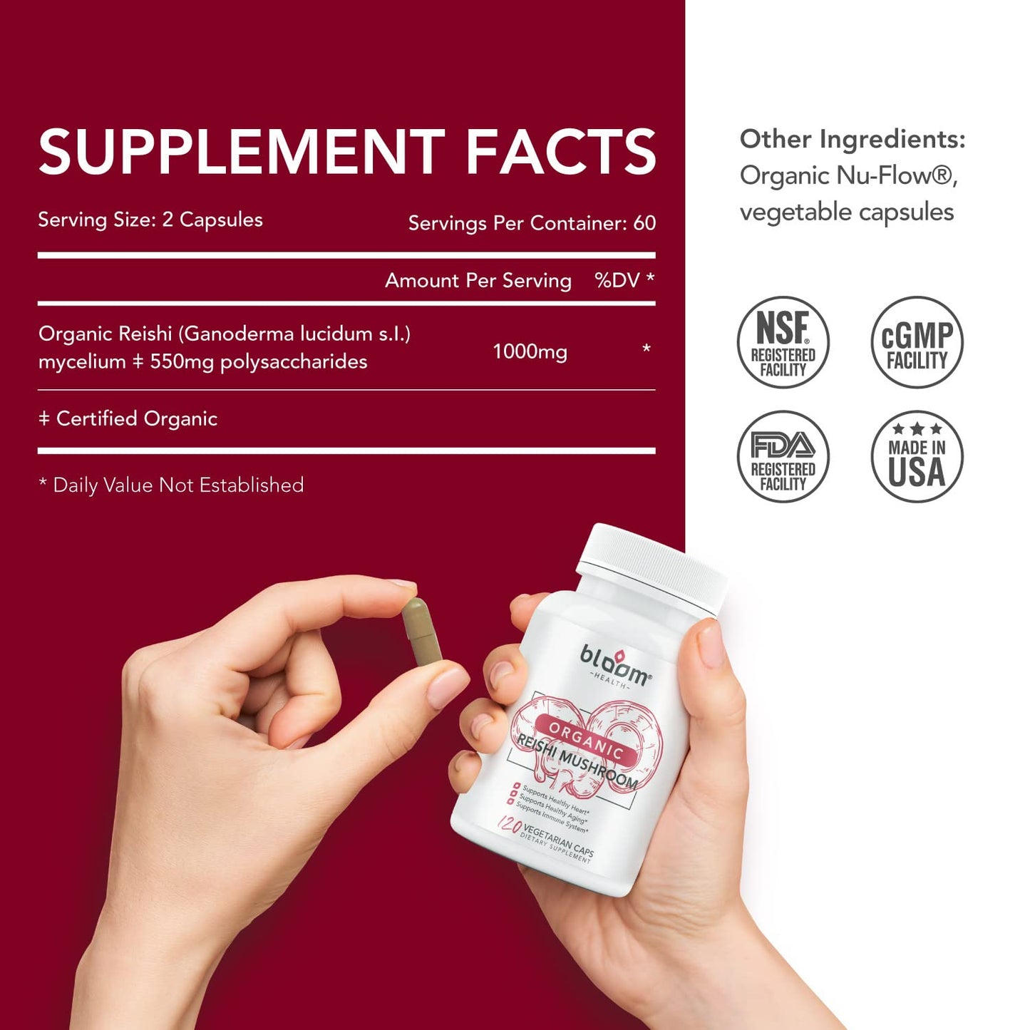 Bloom Health Reishi Mushroom Capsules – Organic Ganoderma Lucidum for Immune Support