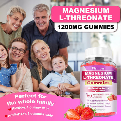 1200MG Magnesium L-Threonate Gummies - Magnesium Threonate Gummies Supplements for Kids & Adults, Support Cognitive Function, Brain & Nerves Health, Strawberry Flavor, 60 Count