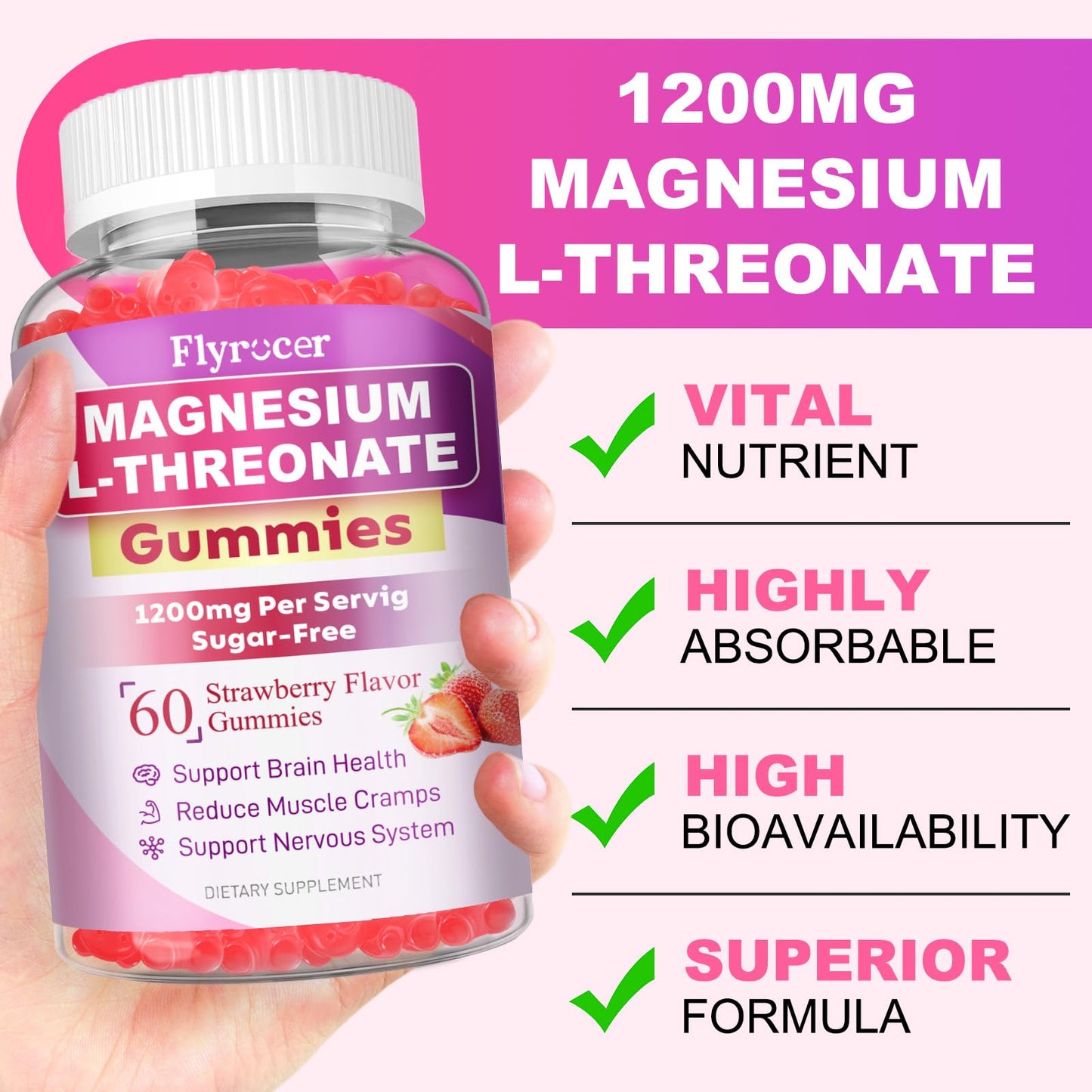 1200MG Magnesium L-Threonate Gummies - Magnesium Threonate Gummies Supplements for Kids & Adults, Support Cognitive Function, Brain & Nerves Health, Strawberry Flavor, 60 Count