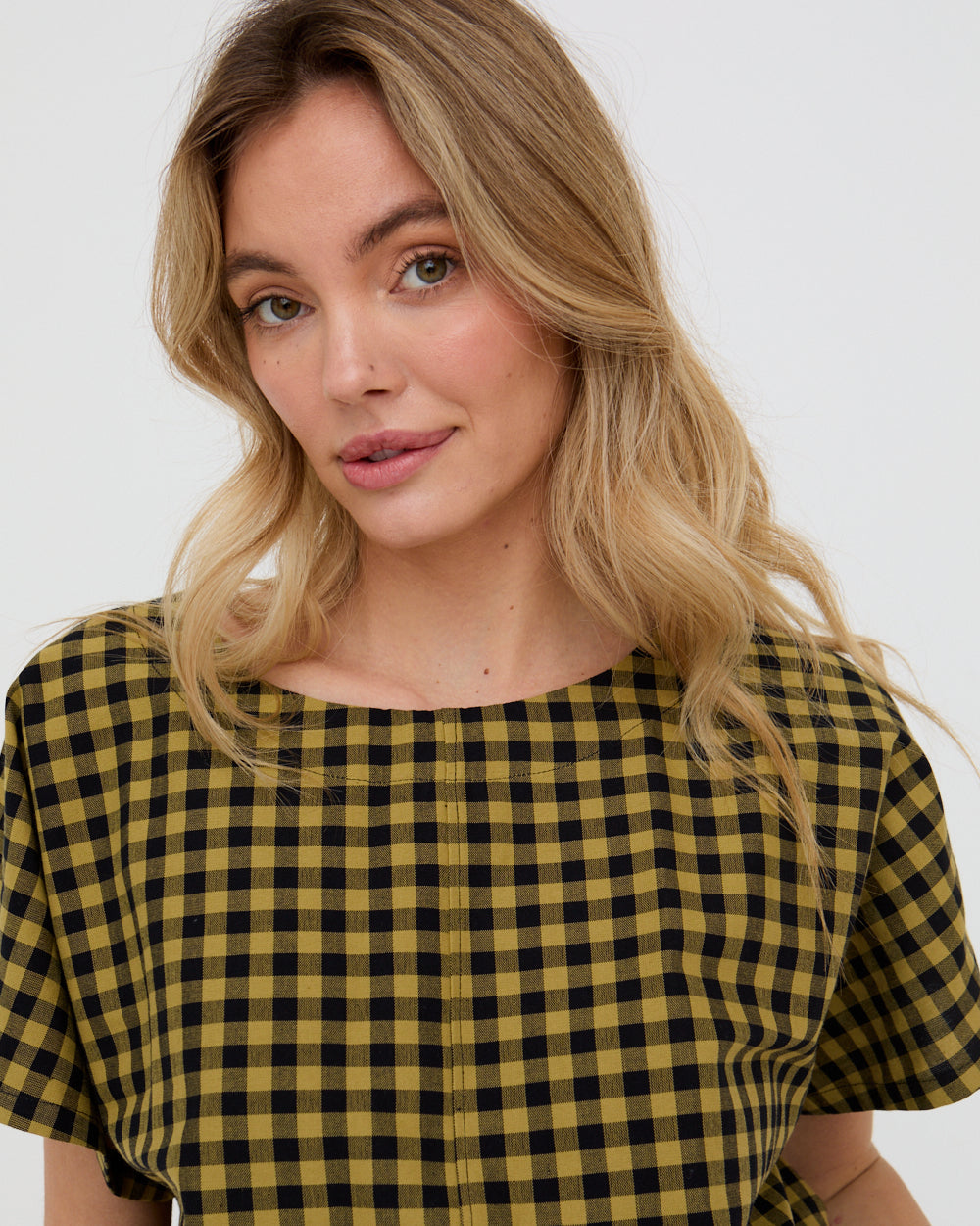 Wyn Mustard Check Print Top