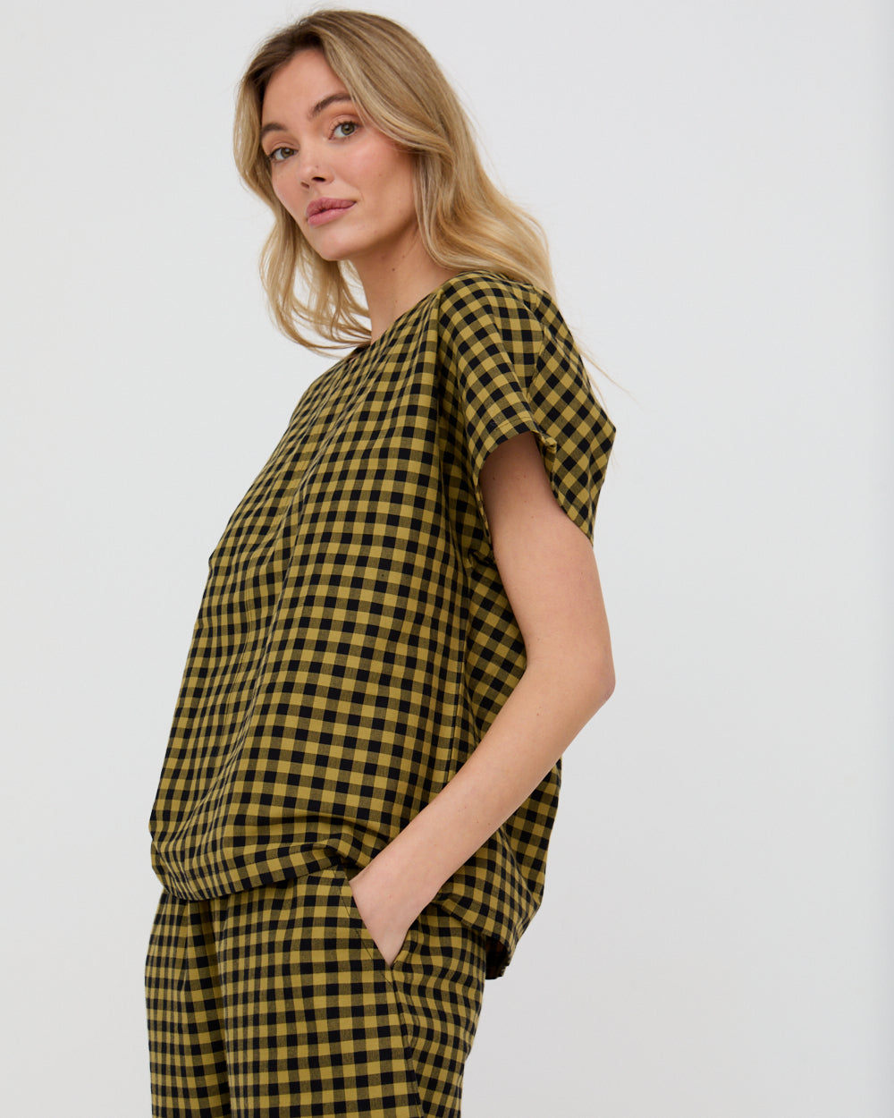 Wyn Mustard Check Print Top