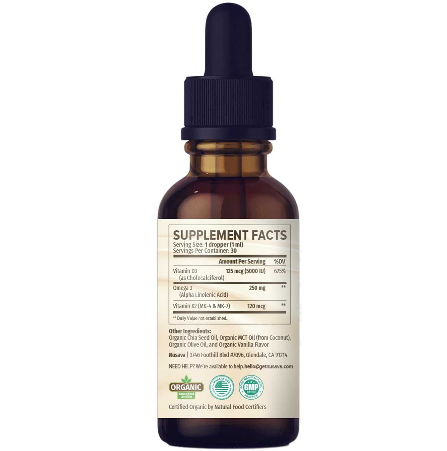 NUSAVA 4 Pack Organic Vitamin D3 K2 Drops with MCT Oil – 5000 IU, Vanilla