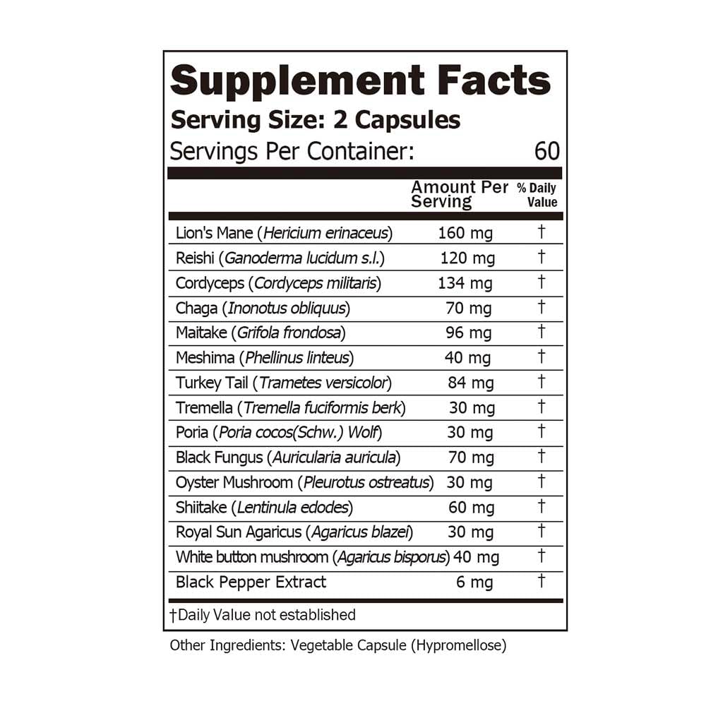 14 Mushrooms Supplement 120 Capsules – Immune Support & Nootropic (30% Beta-Glucan)