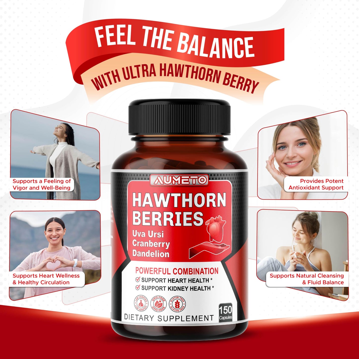AUMETO 7-in-1 Hawthorn Berry Capsules – Heart & Kidney Support (150 Count)