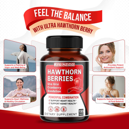 AUMETO 7-in-1 Hawthorn Berry Capsules – Heart & Kidney Support (150 Count)
