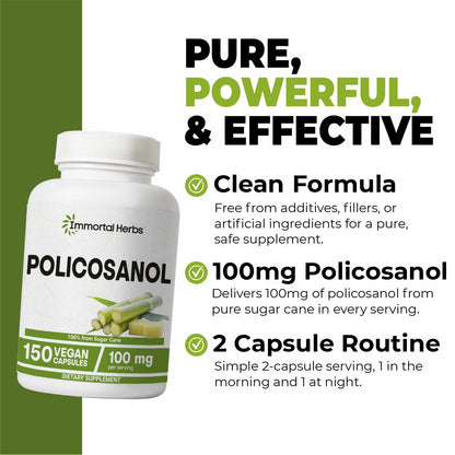 Immortal Herbs Policosanol 100mg Capsules – Sugar Cane-Derived, 150 Vegan Pills, Non-GMO & Gluten-Free