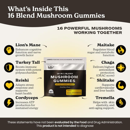16 in 1 Blend Mushrooms Gummies for Adults - Lion's Mane for Focus & Clarity