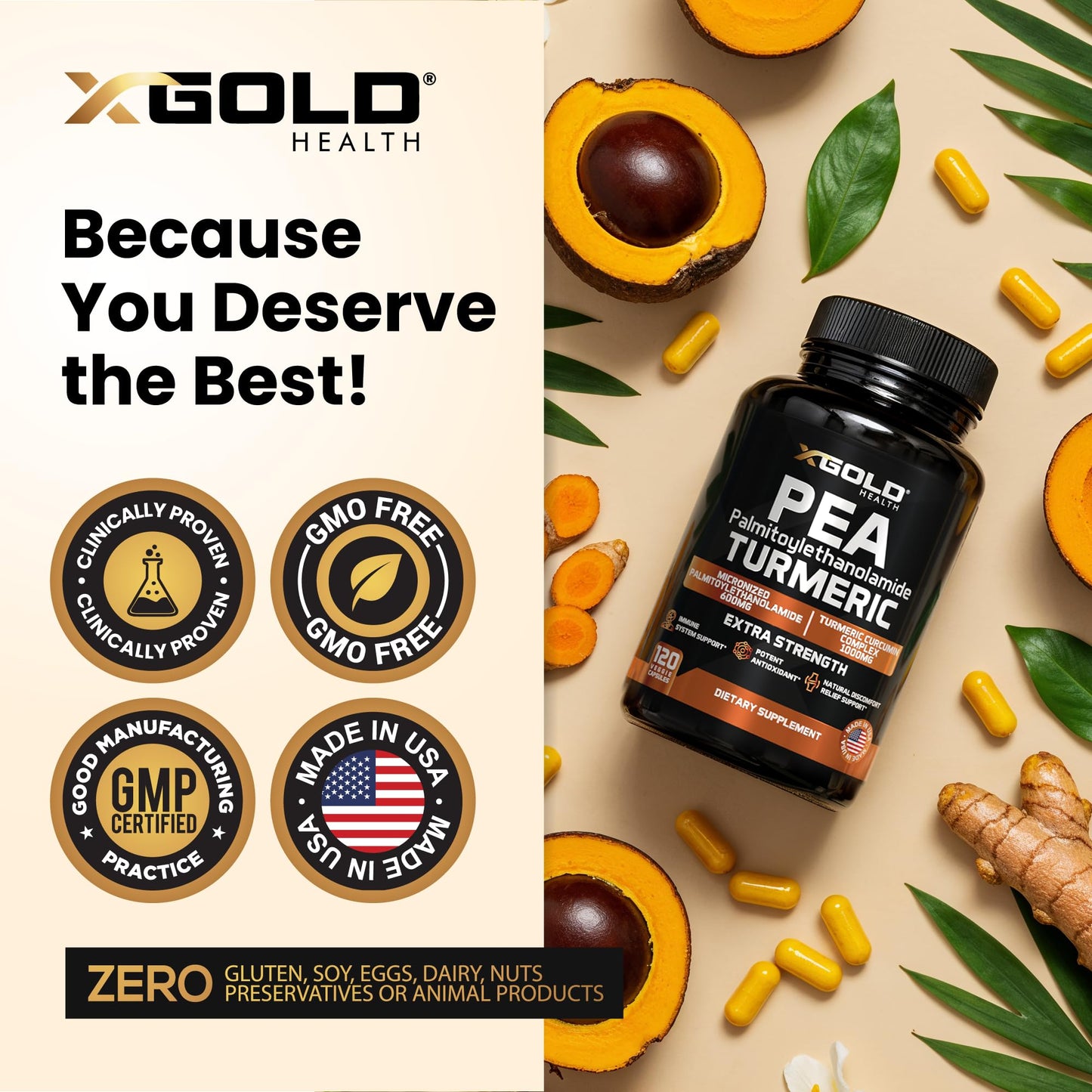 X Gold Health Pea PEA + Turmeric Curcumin Complex – 1600mg Micronized, 99% PEA & 95% Curcuminoids – Joint Support, Mobility & Comfort – Made in USA