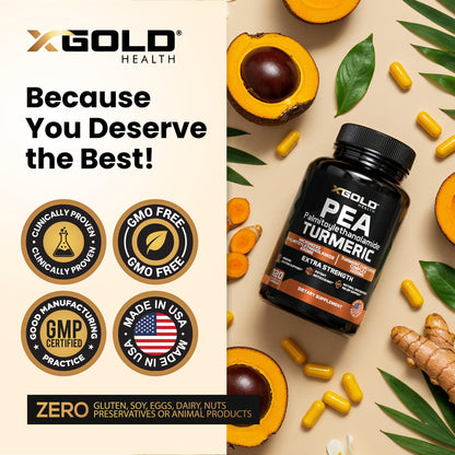 X Gold Health Pea PEA + Turmeric Curcumin Complex – 1600mg Micronized, 99% PEA & 95% Curcuminoids – Joint Support, Mobility & Comfort – Made in USA