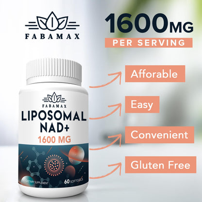 1600 mg Liposomal NAD+ Supplement – 98% Pure NAD+, Superior Absorption, 180 Softgels