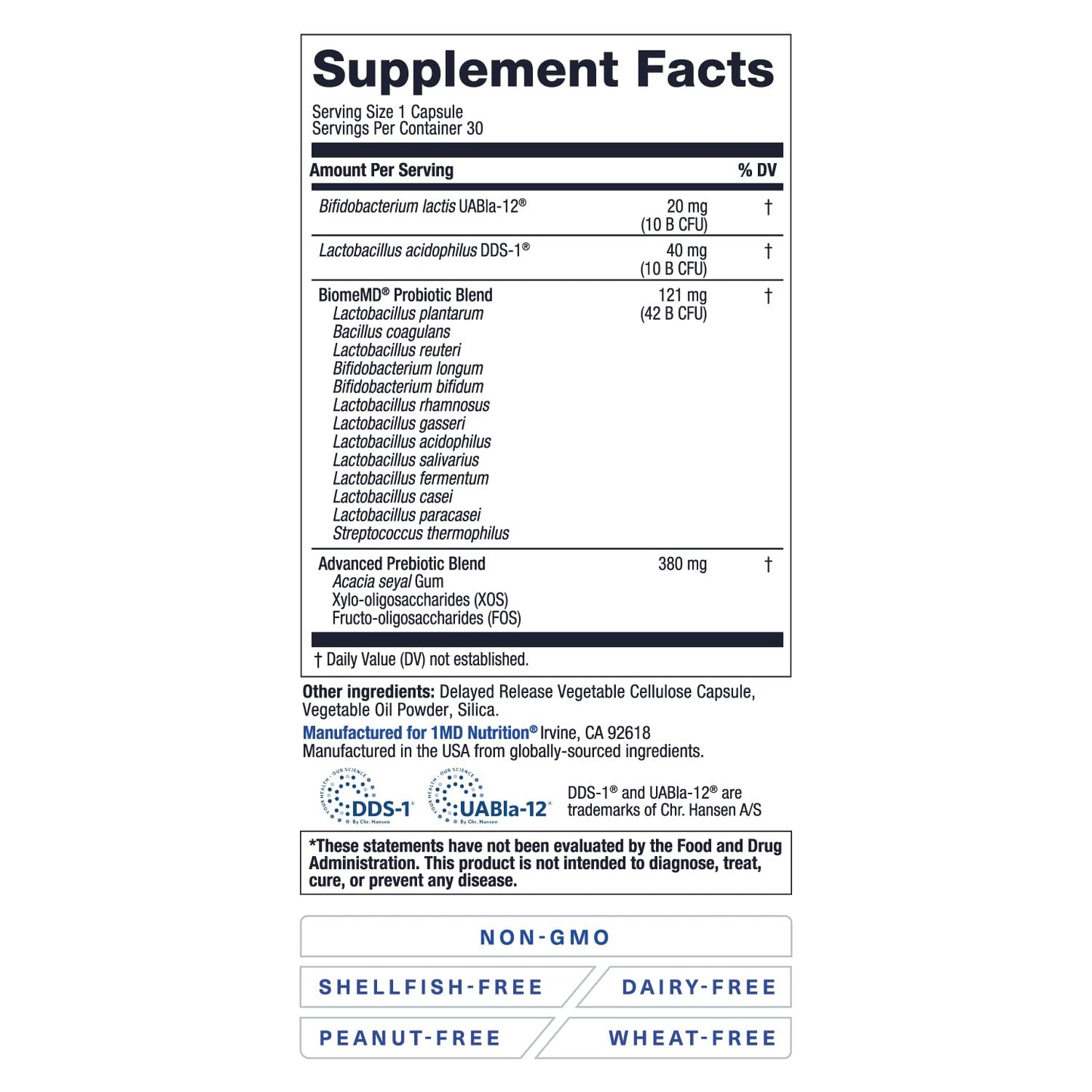BiomeMD Probiotics by 1MD Nutrition | 62B CFUs, 15 Strains + Prebiotics | Digestive & Immune Support | 30 Capsules