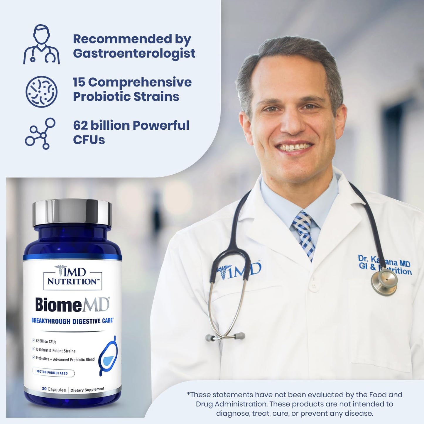 BiomeMD Probiotics by 1MD Nutrition — 62B CFUs, 15 Strains + Prebiotics | Digestive & Immune Support | 60 Capsules