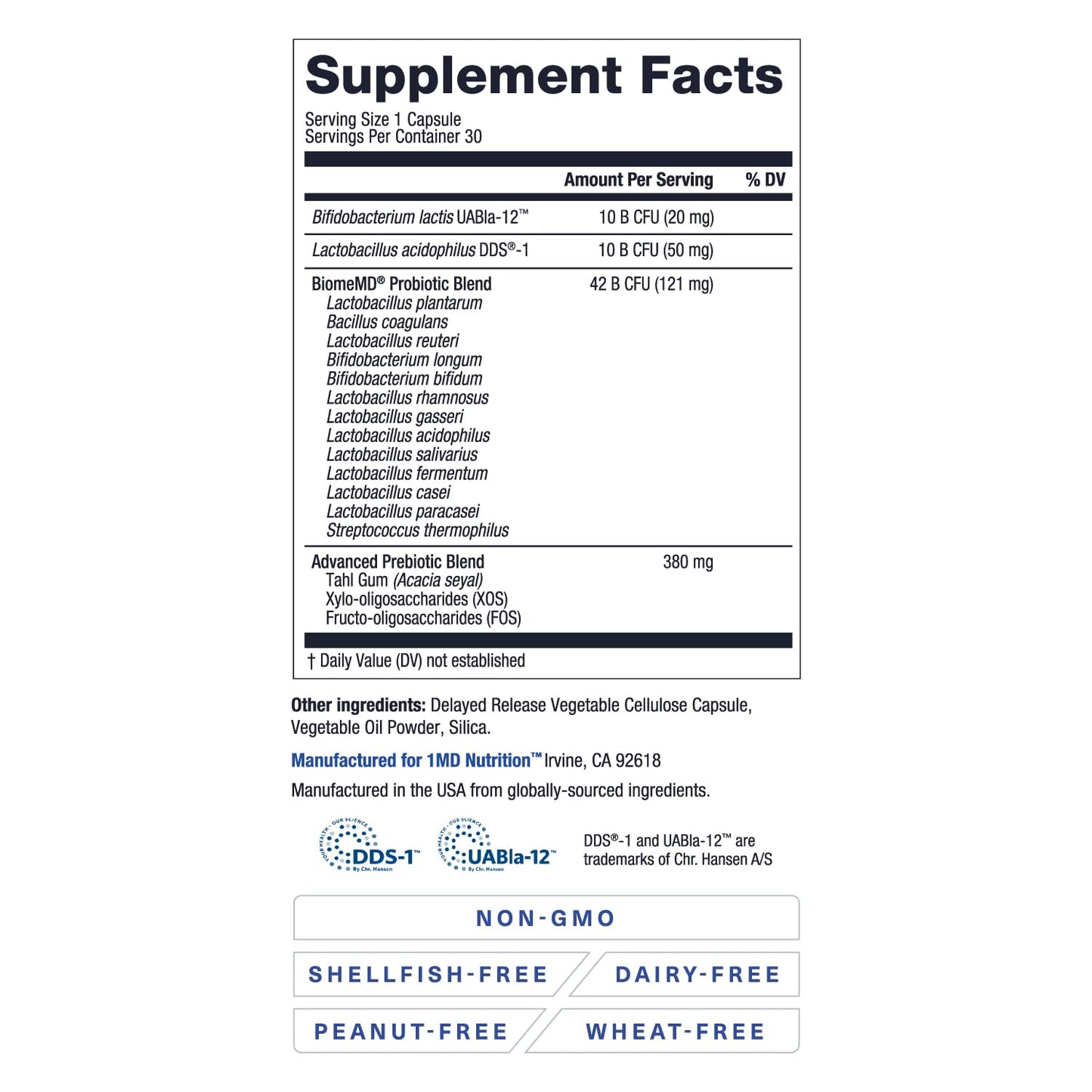 BiomeMD Probiotics by 1MD Nutrition — 62B CFUs, 15 Strains + Prebiotics | Digestive & Immune Support | 60 Capsules
