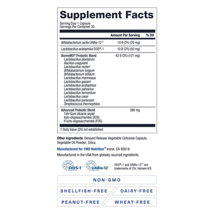 BiomeMD Probiotics by 1MD Nutrition — 62B CFUs, 15 Strains + Prebiotics | Digestive & Immune Support | 60 Capsules