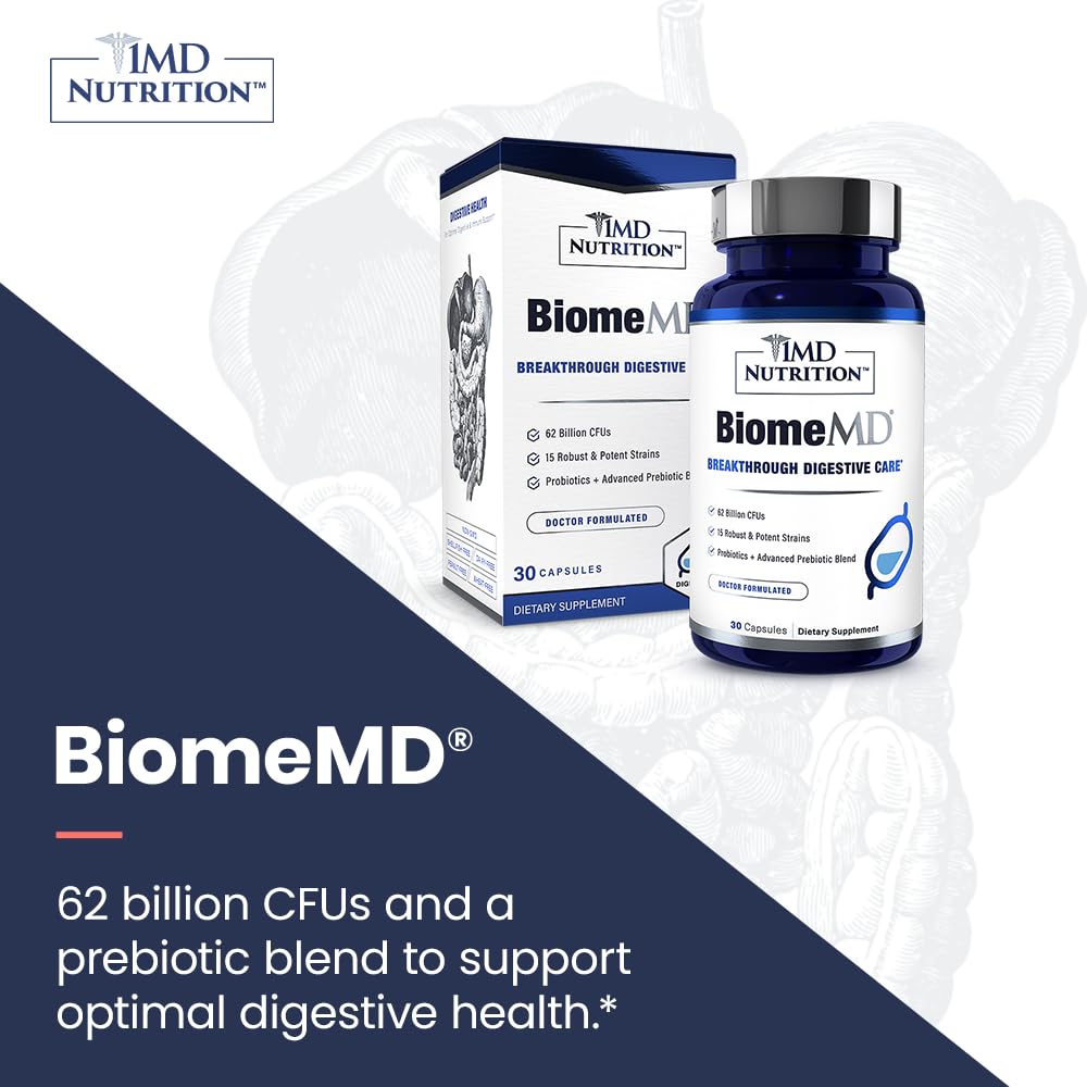 BiomeMD Probiotics by 1MD Nutrition — 62B CFUs, 15 Strains + Prebiotics | Digestive & Immune Support | 60 Capsules