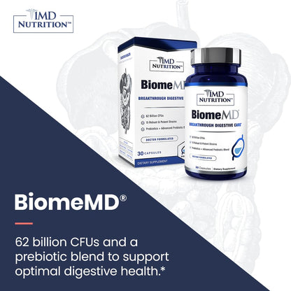 BiomeMD Probiotics by 1MD Nutrition — 62B CFUs, 15 Strains + Prebiotics | Digestive & Immune Support | 60 Capsules