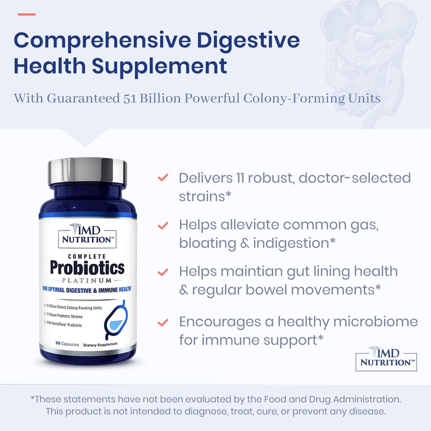 1MD Complete Probiotics Platinum | 51 Billion CFU, 11 Strains, Dairy-Free | Digestive Health Support | 3-Pack