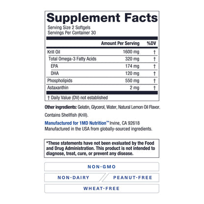 1MD KrillMD - Antarctic Krill Oil with Astaxanthin, EPA & DHA | 2x More Effective Than Fish Oil | 60 Softgels (2-Pack)