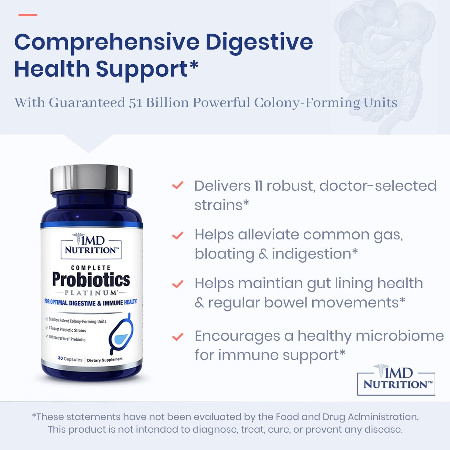 1MD Complete Probiotics Platinum | 51 Billion CFU, 11 Strains, Dairy-Free | Digestive & Immune Support | 2-Pack